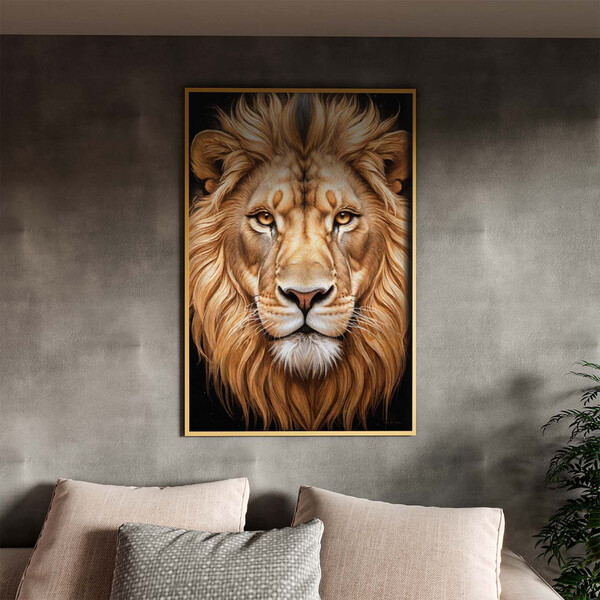 Quadro Decorativo Animais Majestade Felina Com Moldura Dourad