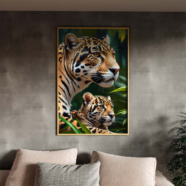 Quadro Decorativo Animais Poder Selvagem Com Moldura Dourada