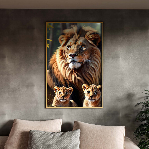 Quadro Decorativo Animais Rei Da Selva Com Moldura Dourada -
