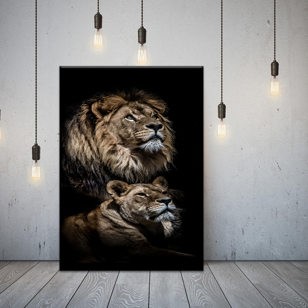 Quadro Decorativo Animais Savage Couple Familia Leão - 120x80