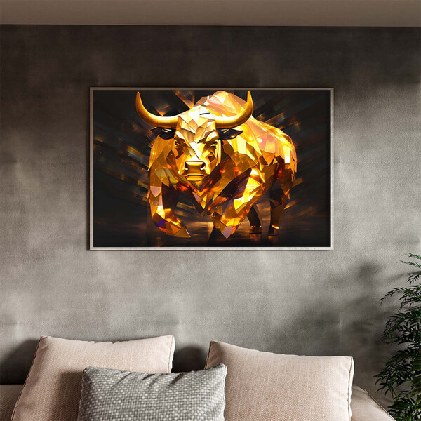 Quadro Decorativo Animais Touro Gold Com Moldura Prata - 100x