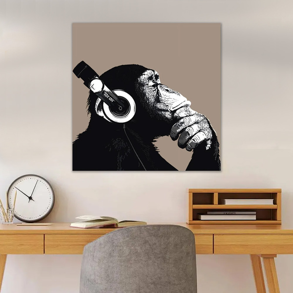 Quadro Decorativo Animal Macaco Com Fone De Ouvido