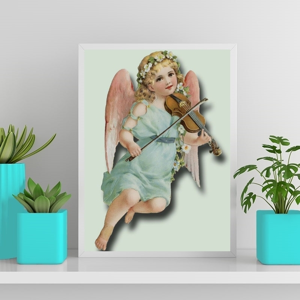 Quadro Decorativo Anjinho Vintage 33x24cm - Com Vidro Moldura