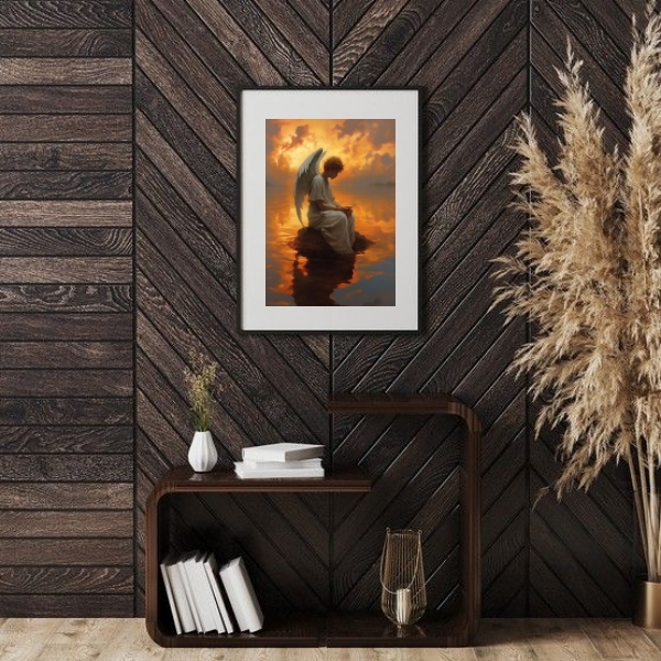 Quadro Decorativo Anjo- Por Do Sol - 60x48cm Moldura:madeira