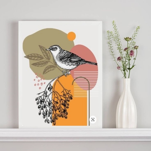 Quadro Decorativo Aquarela Abstrato Passarinho 45x34cm Moldur