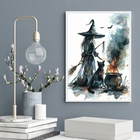 Quadro Decorativo Aquarela Bruxa 33x24cm - Com Vidro Moldura