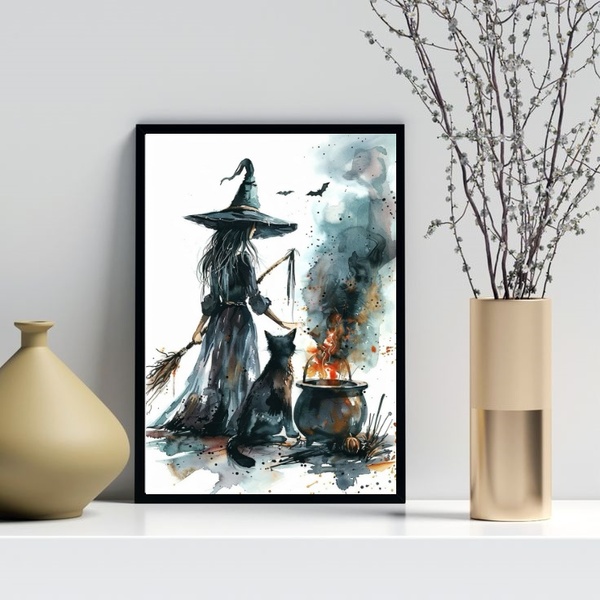 Quadro Decorativo Aquarela Bruxa 33x24cm - Com Vidro Moldura