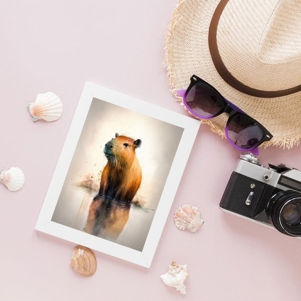 Quadro Decorativo Aquarela Capivara 24x18cm - Com Vidro Moldu