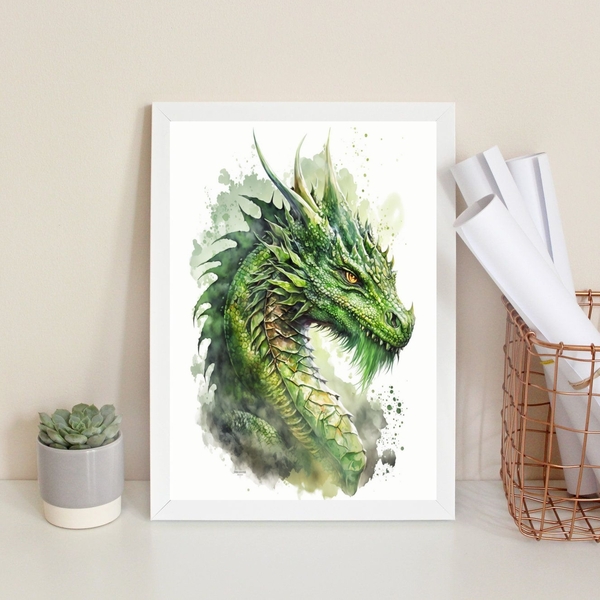 Quadro Decorativo Aquarela Dragão Verde 45x34cm - Com Vidro M