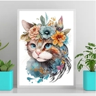 Quadro Decorativo Aquarela Gato Flores 33x24cm Moldura:madeir