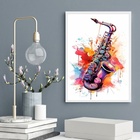 Quadro Decorativo Aquarela Saxofone 33x24cm - Com Vidro Moldu