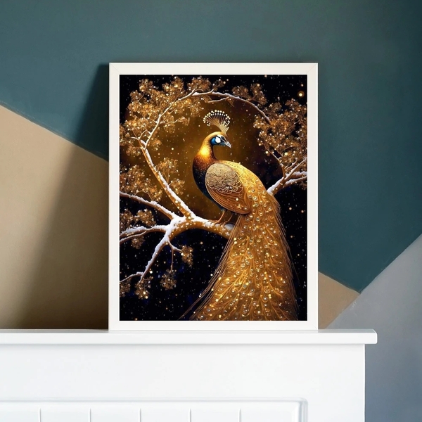 Quadro Decorativo Arquétipo Pavão Ouro 24x18cm - Com Vidro Mo