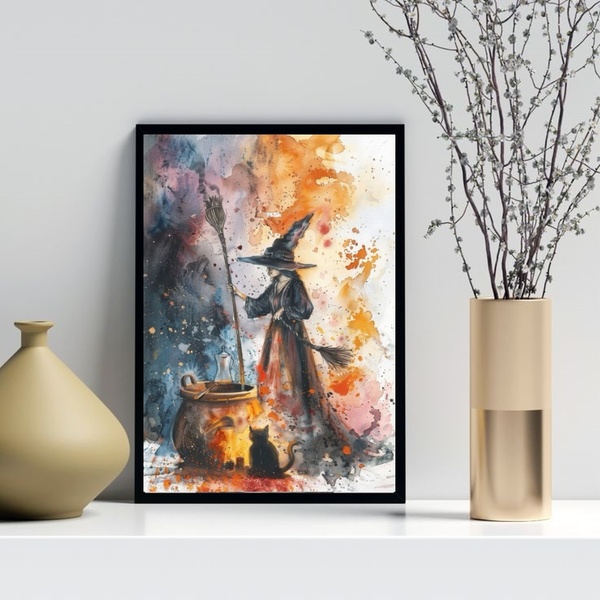 Quadro Decorativo Arte Bruxa Aquarela 33x24cm Moldura Branca