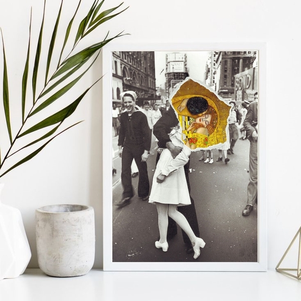 Quadro Decorativo Arte Colagem O Beijo 24x18cm Moldura:madeir