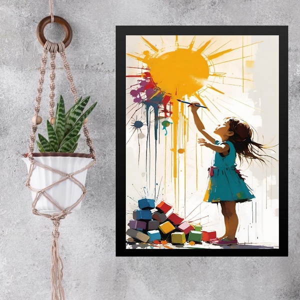 Quadro Decorativo Arte Criança Pintando Sol 24x18cm - Com Vid