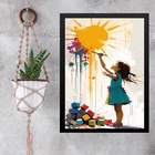 Quadro Decorativo Arte Criança Pintando Sol 33x24cm - Com Vid
