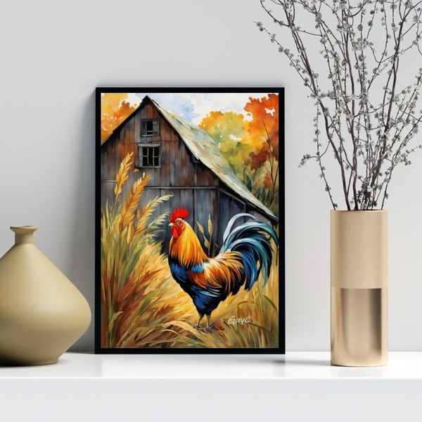 Quadro Decorativo Arte Galo Na Fazenda 45x34cm Moldura Preta