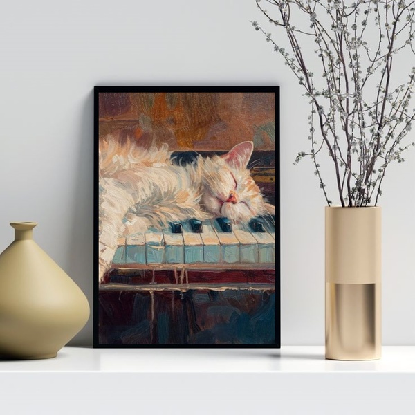 Quadro Decorativo Arte Gato No Piano 45x34cm Moldura Branca