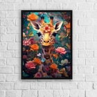 Quadro Decorativo Arte Girafa Com flores 45x34cm - Com Vidro