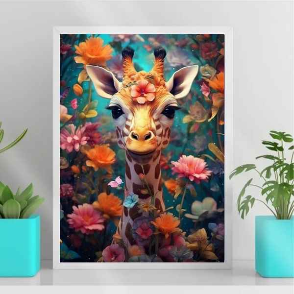 Quadro Decorativo Arte Girafa Com flores 45x34cm Moldura:made