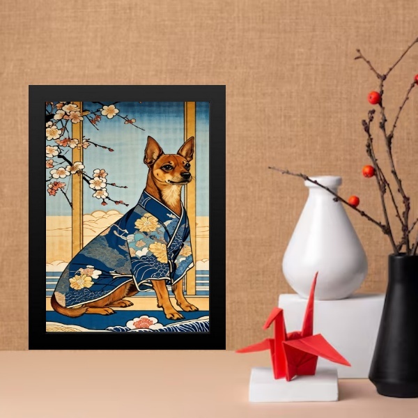 Quadro Decorativo Arte Oriental - Cão 45x34cm Moldura Branca