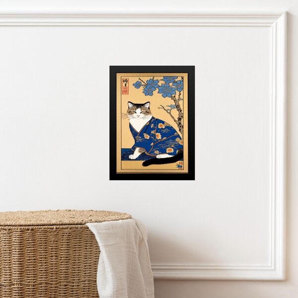 Quadro Decorativo Arte Oriental Gato Kimono 45x34cm - Com Vid