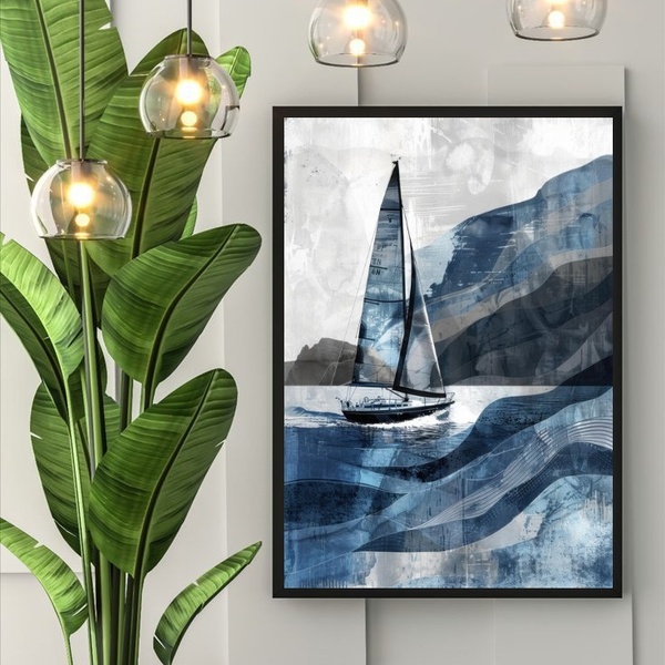 Quadro Decorativo Arte Veleiro 24x18cm - Com Vidro Moldura Pr