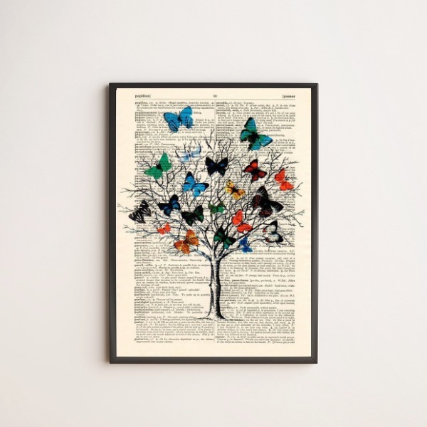 Quadro Decorativo Árvore De Borboletas 33x24cm - Com Vidro Mo