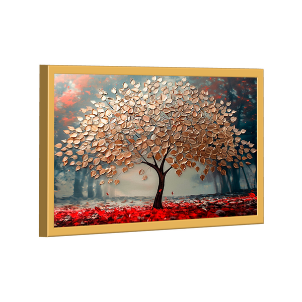 Quadro Decorativo Árvore Dourada Com Lindas Folhas