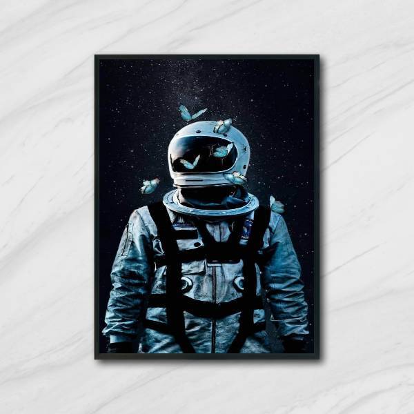 Quadro Decorativo Astronauta E Borboletas 24x18cm - Com Vidro