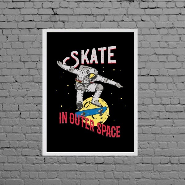 Quadro Decorativo Astronauta Skate 33x24cm - Com Vidro Moldur