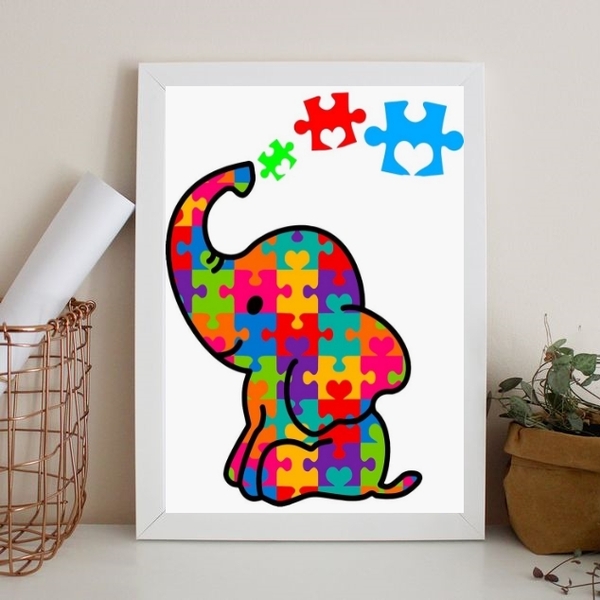 Quadro Decorativo Autismo - Elefantinho 45x34cm - Com Vidro M