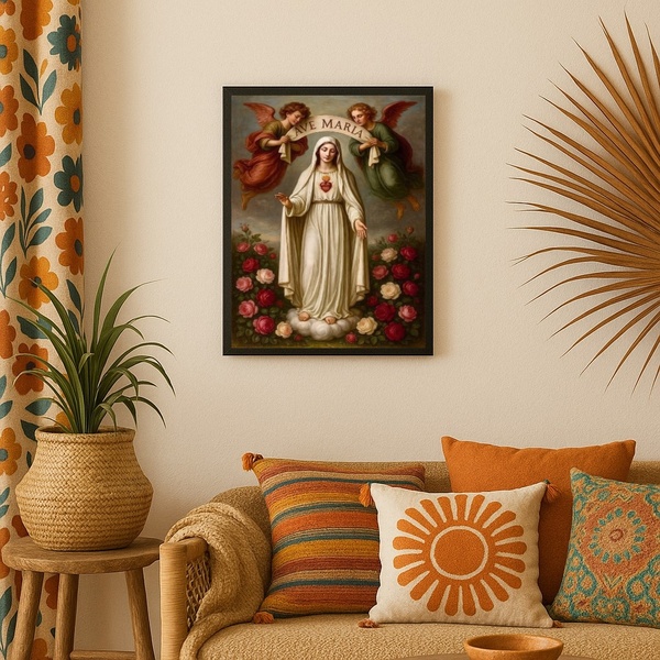 Quadro Decorativo Ave Maria Com Anjos 24x18cm Moldura Branca