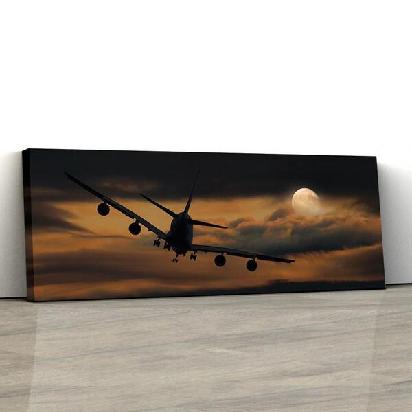 Quadro Decorativo Aviação Avião No Luar 50x150cm