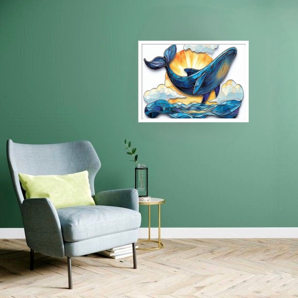 Quadro Decorativo Baleia Azul Sol  - 50x70cm Moldura Preta