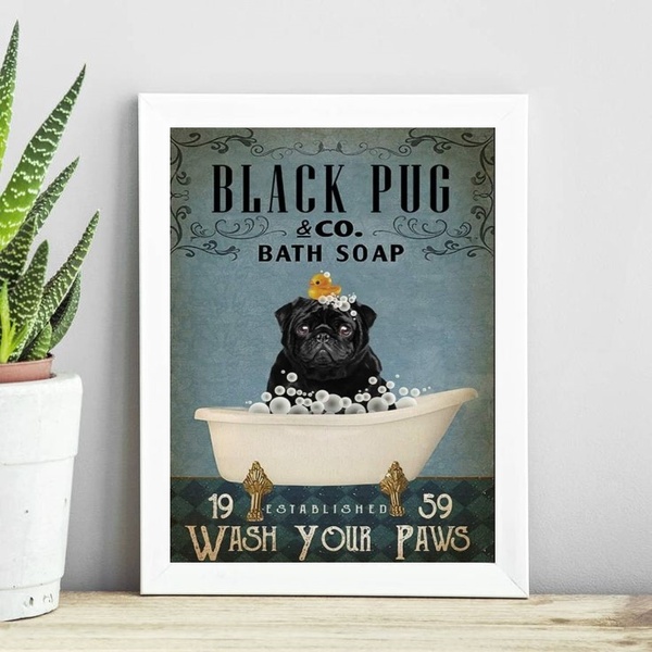 Quadro Decorativo Banheiro Black Pug 33x24cm Moldura:madeira