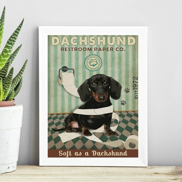 Quadro Decorativo Banheiro Dachshund 45x34cm Moldura:madeira
