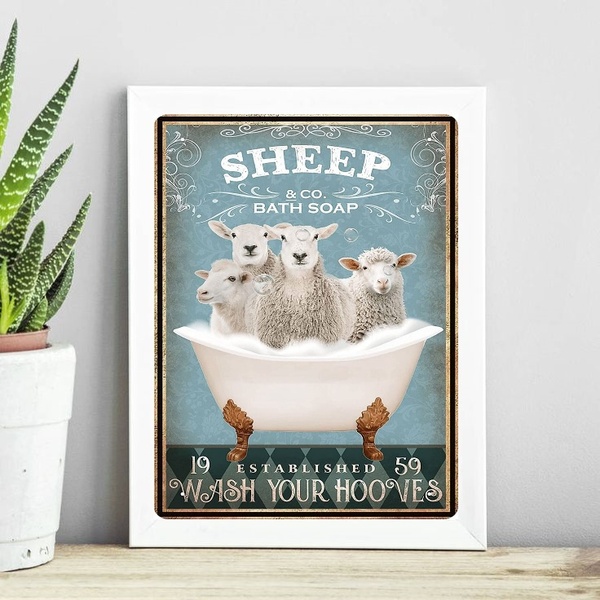 Quadro Decorativo Banheiro Ovelhas 33x24cm - Com Vidro Moldur