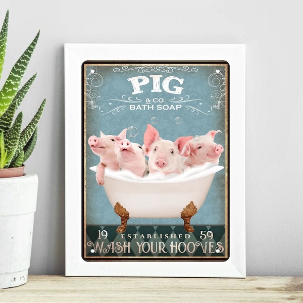 Quadro Decorativo Banheiro Porquinhos 24x18cm - Com Vidro Mol