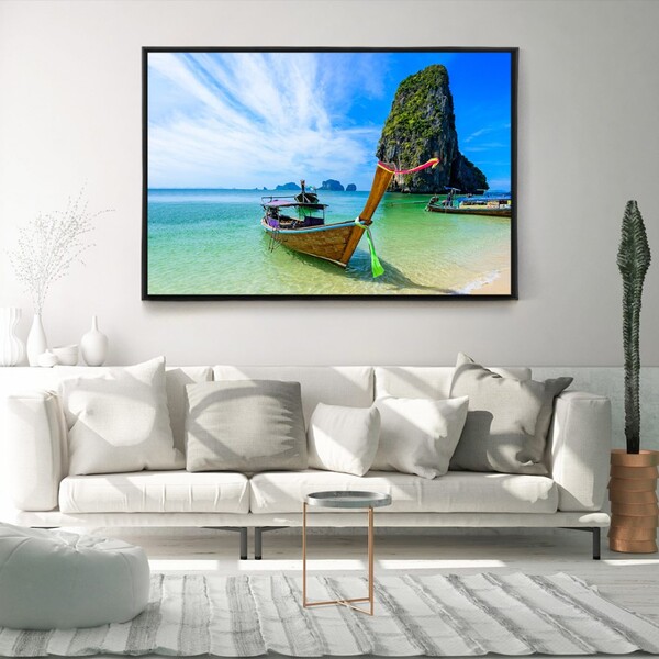 Quadro Decorativo Barco Na Praia De Phra Nang Com Moldura E S
