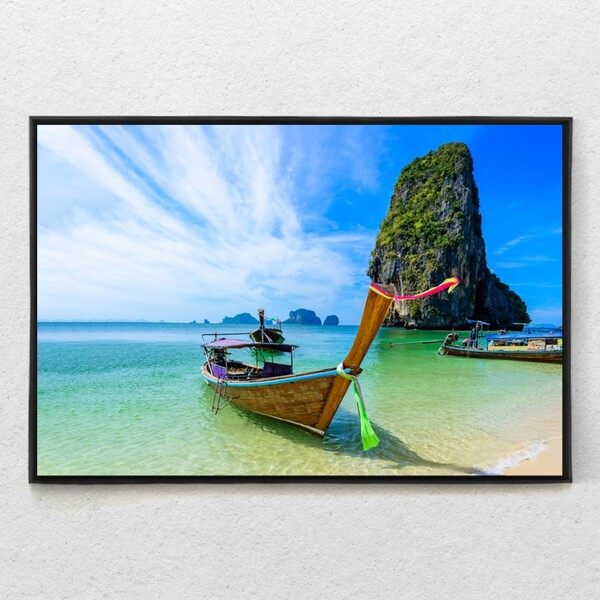 Quadro Decorativo Barco Na Praia De Phra Nang Com Moldura E S