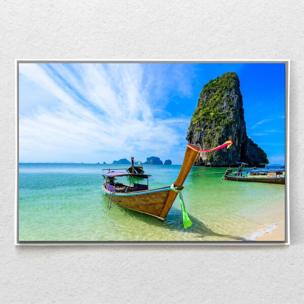 Quadro Decorativo Barco Na Praia De Phra Nang Com Moldura E S