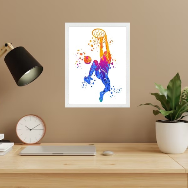 Quadro Decorativo Basquete Aquarela 24x18cm - Com Vidro Moldu