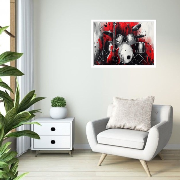 Quadro Decorativo Bateria Guitarra Vermelho  - 50x70cm Moldur