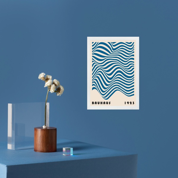 Quadro Decorativo Bauhaus Azul - Ondas 45x34cm - Com Vidro Mo