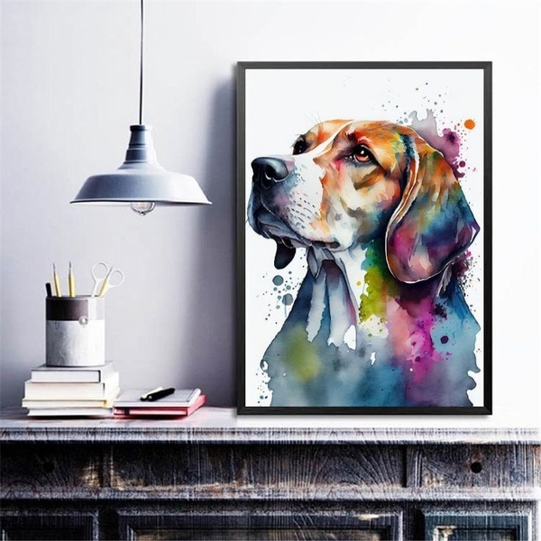 Quadro Decorativo Beagle Aquarela 45x34cm - Com Vidro Moldura
