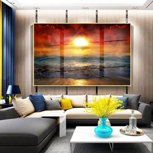 Quadro Decorativo Beautiful Sunset Com Moldura Dourada E Vidr