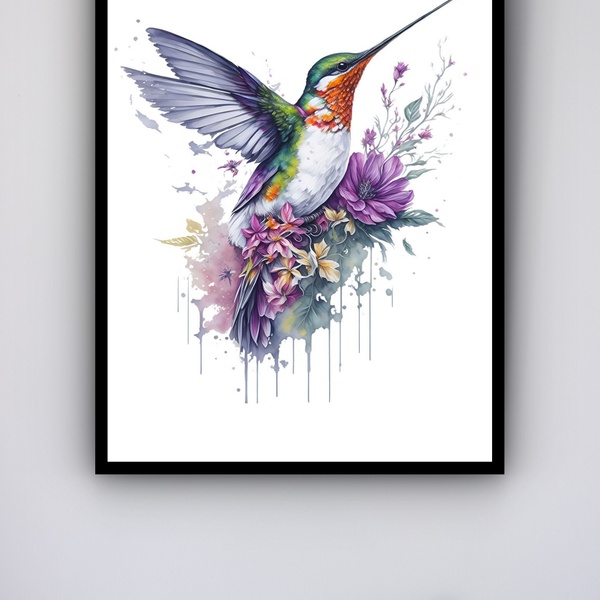 Quadro Decorativo Beija Flor Flores Lilás  - 70x50cm Moldura