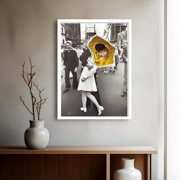 Quadro Decorativo Beijo Casal Retrô  - 70x50cm Moldura Preta