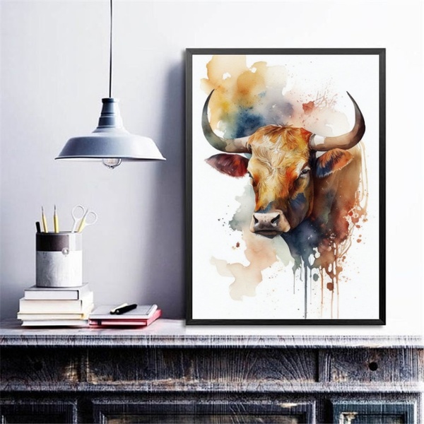 Quadro Decorativo Boi Aquarela 24x18cm - Com Vidro Moldura:ma